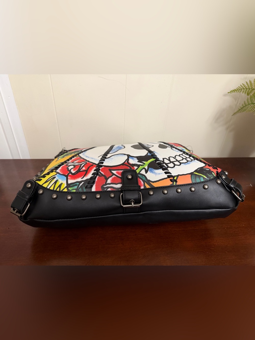 Ed Hardy Graphic Print Studded faux Leather Shoulder Bag Skulls Roses NWT - Picture 10 of 16